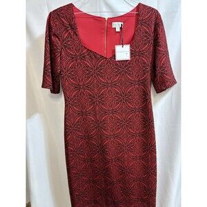 Bisou Bisou Red Black Jacquard Patterned Dress 14 Short Sleeves Lined  Sheath
